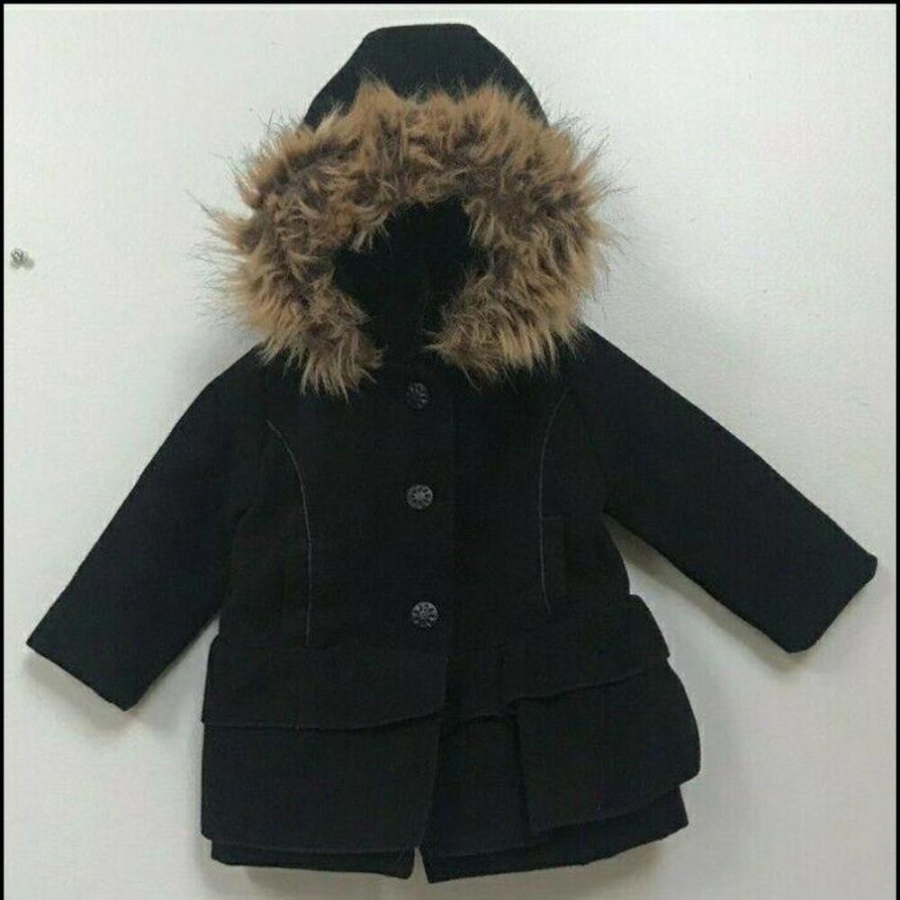 SEBBY girls BLACK Soft Faux Wool Dress Coat size 4 fur trim  Removable Hood